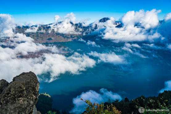 View on the Crater Lake from above the clouds, Rinjani, Lomboc, Indonesia