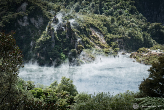 Waimangu, geothermal fumes on lake, New Zealand