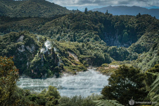 Waimangu, geothermal fumes on lake, New Zealand