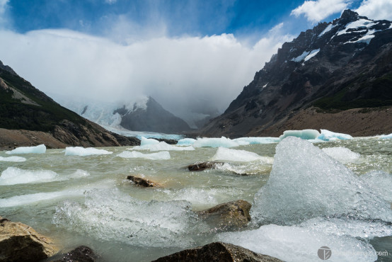 Pieces of the Glacier pushed by the wind, floating on the Lagune de Torre, El Chalten, Patagonia, Chile