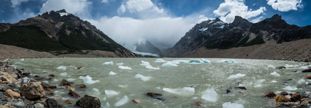 Pieces of the Glacier pushed by the wind, floating on the Lagune de Torre, El Chalten, Patagonia, Chile