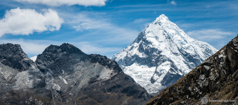 The famous Paramount mountain, culminating at 6700m, as viewed from Laguna 69, Huaraz, Peru