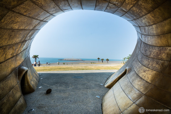 Viewed from a modern artwork installation representing a shell, Qijin Beach, Cijin Island, Kaohsiung, Taiwan